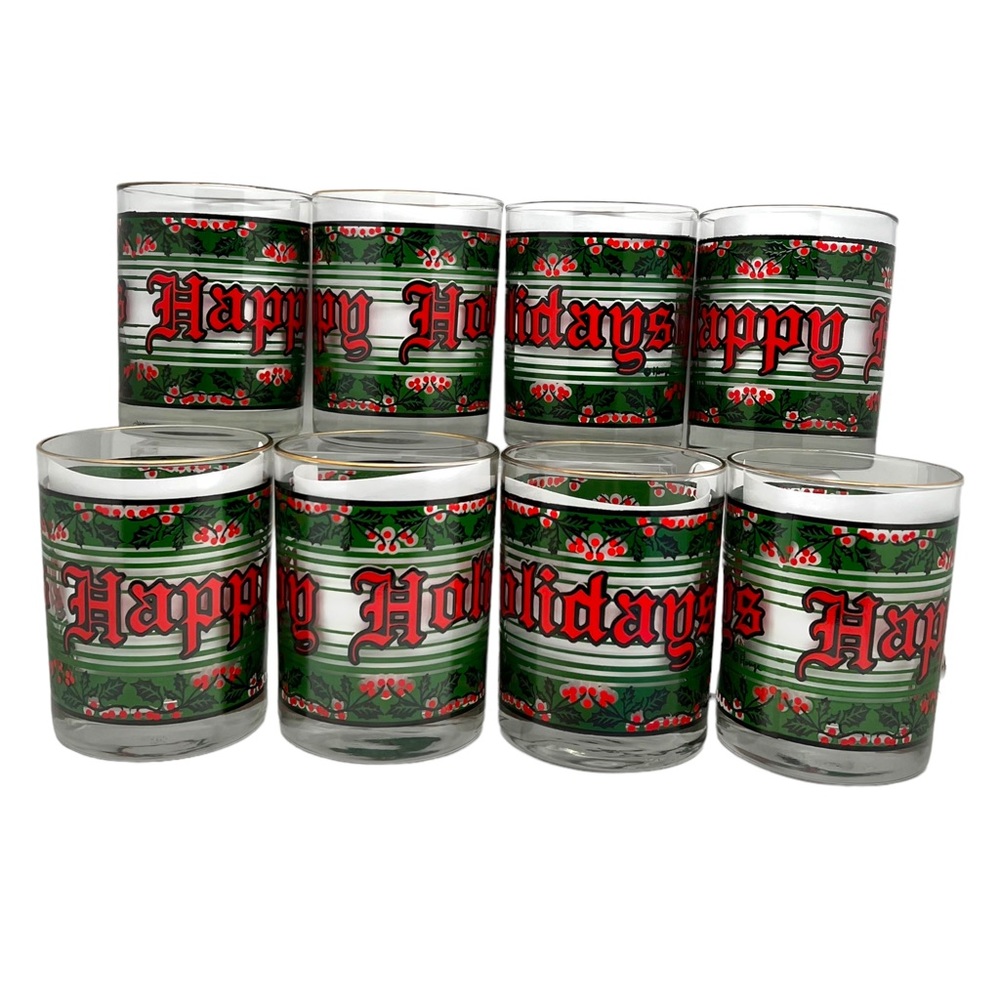 Vintage Houze Happy Holidays Holly/Berries Double Old Fashioned Glasses Set of 4